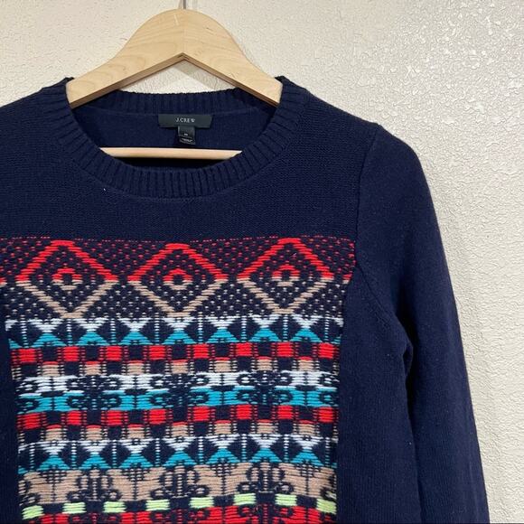 J. Crew navy blue crewneck fair isle geometric wool sweater - Picture 3 of 9